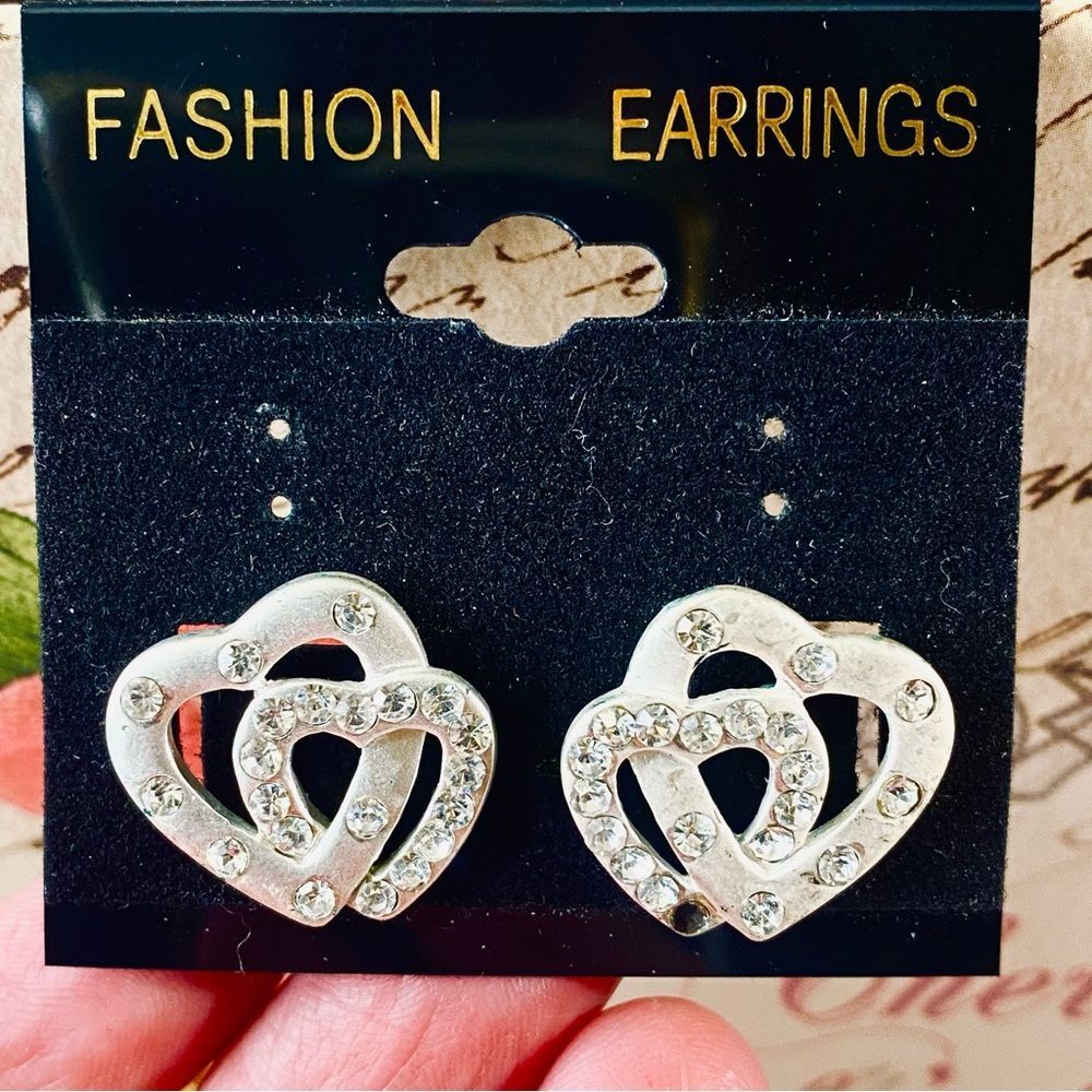 Silver Heart Earrings Crystal Insets Valentines Day Gift Heart Shaped Jewelry